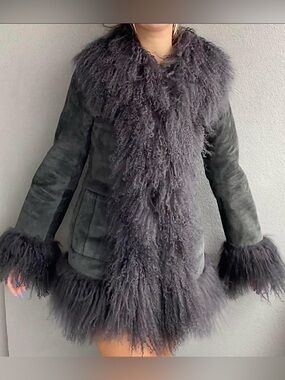Womens Genuine Suede and Mongolian Fur Penny Lane Coat